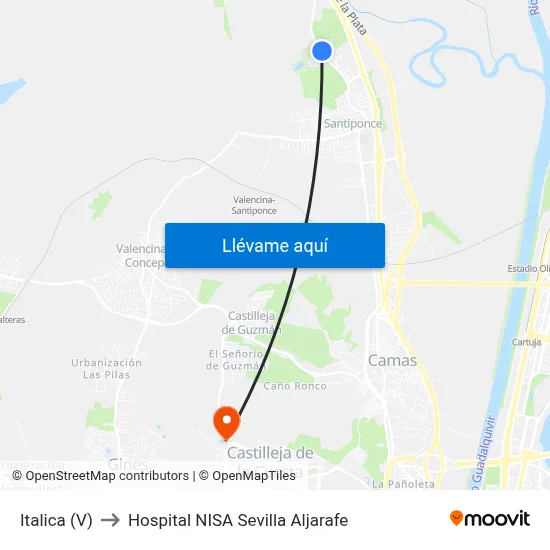 Italica (V) to Hospital NISA Sevilla Aljarafe map