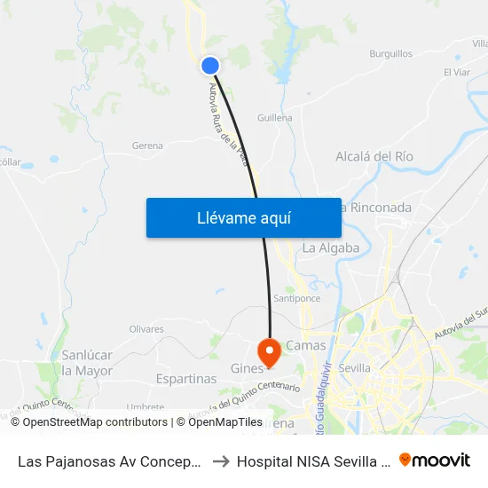 Las Pajanosas Av Concepcion Soto to Hospital NISA Sevilla Aljarafe map