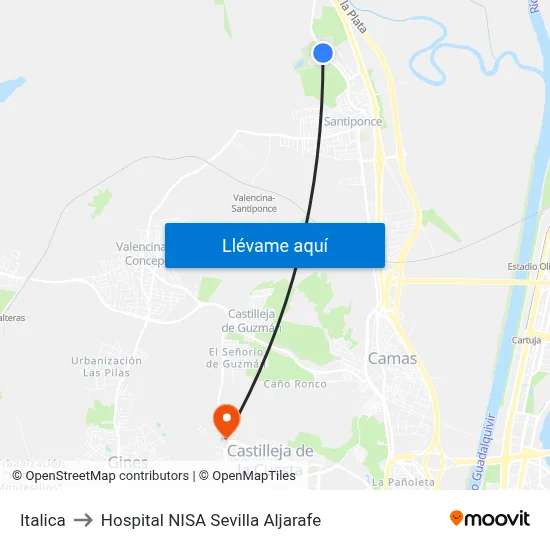 Italica to Hospital NISA Sevilla Aljarafe map