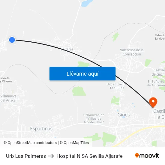 Urb Las Palmeras to Hospital NISA Sevilla Aljarafe map