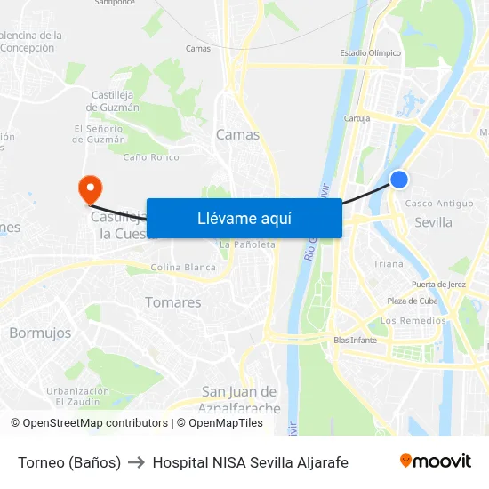 Torneo (Baños) to Hospital NISA Sevilla Aljarafe map