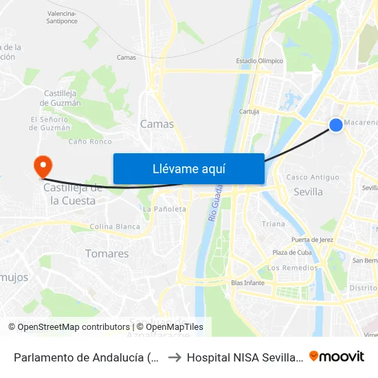 Parlamento de Andalucía (Macarena) to Hospital NISA Sevilla Aljarafe map