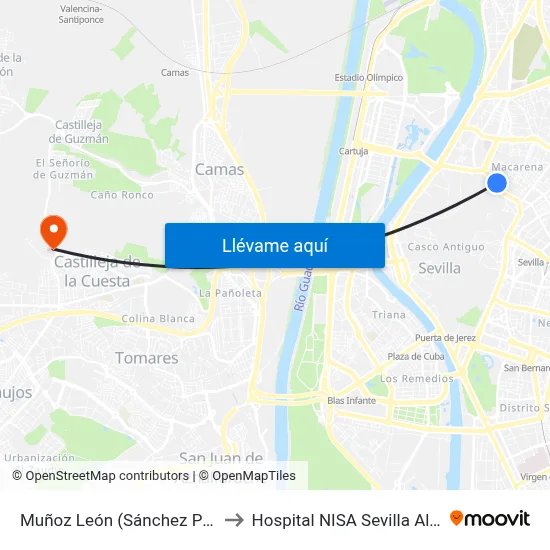 Muñoz León (Sánchez Perrier) to Hospital NISA Sevilla Aljarafe map