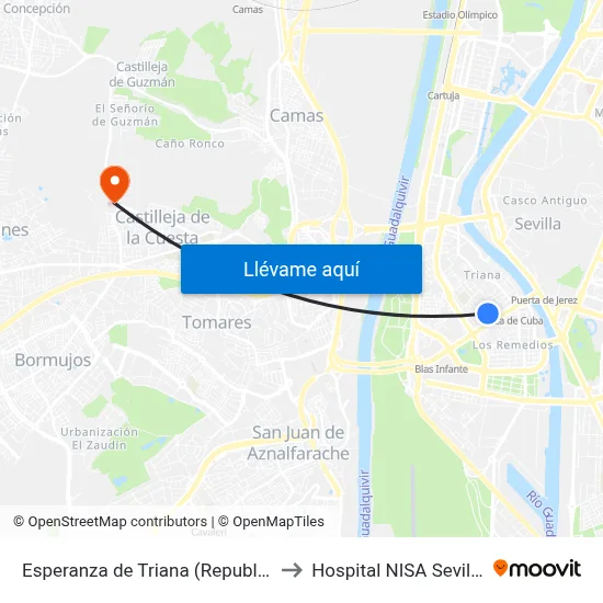 Esperanza de Triana (Republica Argentina) to Hospital NISA Sevilla Aljarafe map
