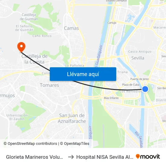 Glorieta Marineros Voluntarios to Hospital NISA Sevilla Aljarafe map