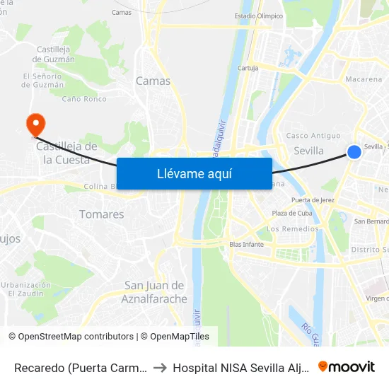 Recaredo (Puerta Carmona) to Hospital NISA Sevilla Aljarafe map