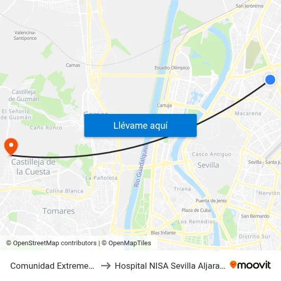 Comunidad Extremeña to Hospital NISA Sevilla Aljarafe map