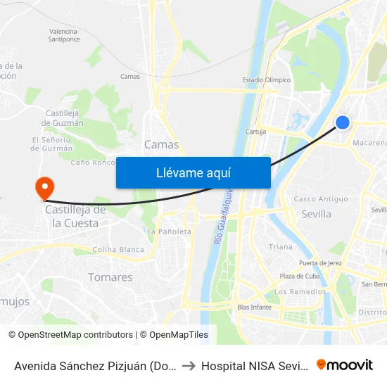Avenida Sánchez Pizjuán (Doctor Marañón) to Hospital NISA Sevilla Aljarafe map