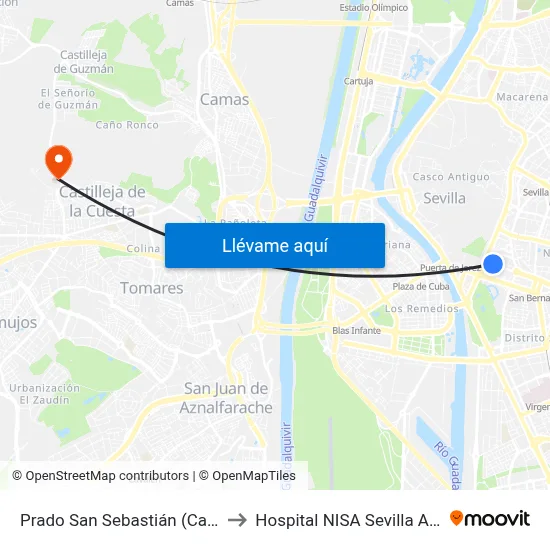 Prado San Sebastián (Carlos V) to Hospital NISA Sevilla Aljarafe map
