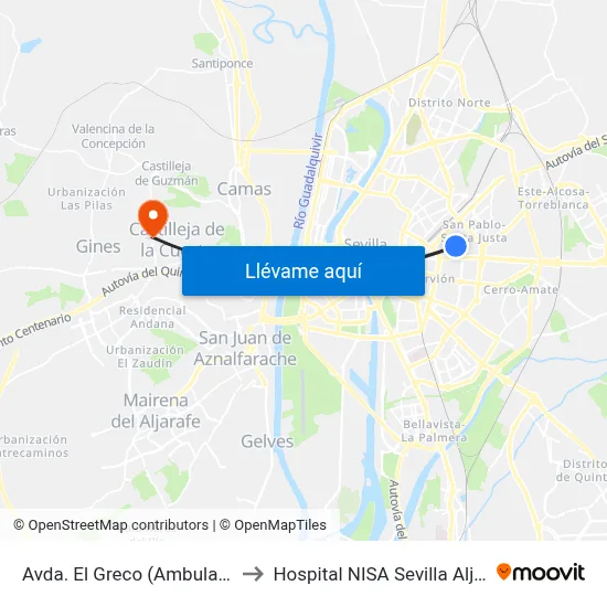 Avda. El Greco (Ambulatorio) to Hospital NISA Sevilla Aljarafe map