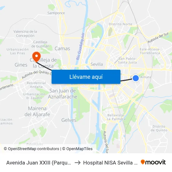 Avenida Juan XXIII (Parque Amate) to Hospital NISA Sevilla Aljarafe map