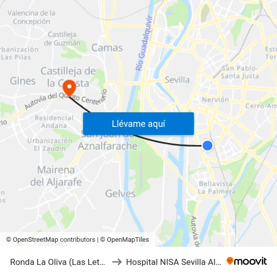 Ronda La Oliva (Las Letanías) to Hospital NISA Sevilla Aljarafe map