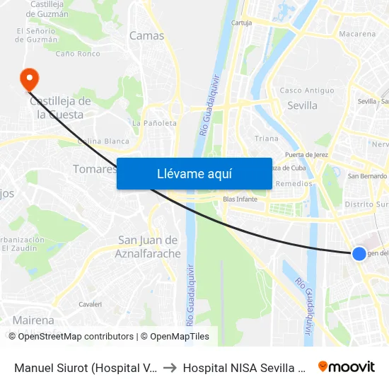 Manuel Siurot (Hospital V.Rocio) to Hospital NISA Sevilla Aljarafe map
