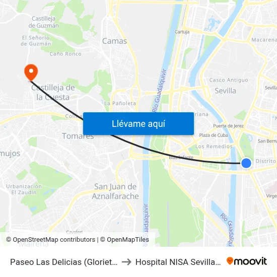 Paseo Las Delicias (Glorieta Méjico) to Hospital NISA Sevilla Aljarafe map