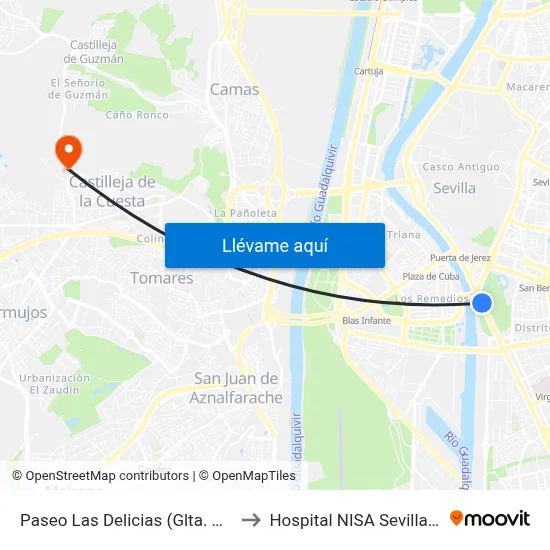Paseo Las Delicias (Glta. Marineros) to Hospital NISA Sevilla Aljarafe map