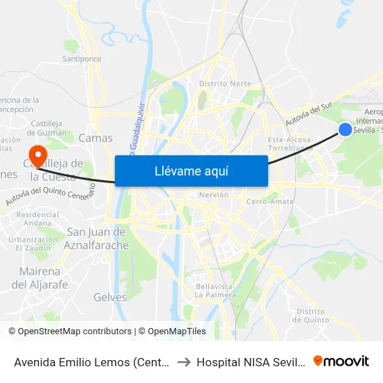 Avenida Emilio Lemos (Centro Comercial) to Hospital NISA Sevilla Aljarafe map