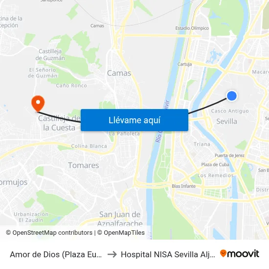 Amor de Dios (Plaza Europa) to Hospital NISA Sevilla Aljarafe map