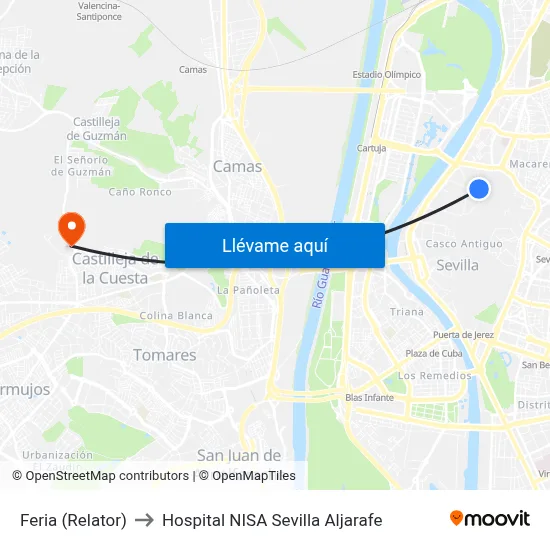 Feria (Relator) to Hospital NISA Sevilla Aljarafe map