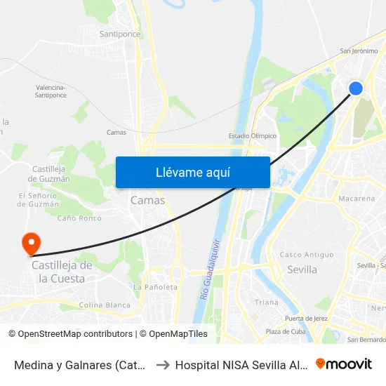 Medina y Galnares (Cataluña) to Hospital NISA Sevilla Aljarafe map