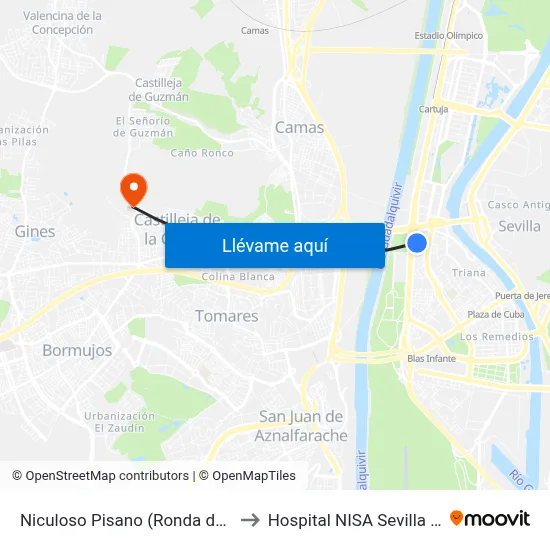Niculoso Pisano (Ronda de Tejares) to Hospital NISA Sevilla Aljarafe map
