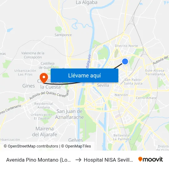 Avenida Pino Montano (Los Carteros) to Hospital NISA Sevilla Aljarafe map