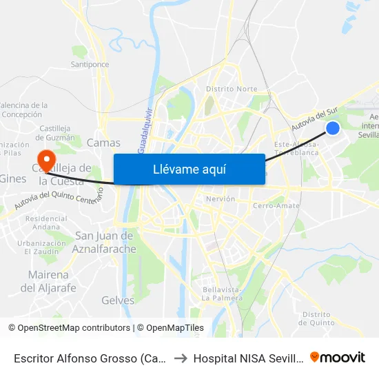 Escritor Alfonso Grosso (Carmen Conde) to Hospital NISA Sevilla Aljarafe map