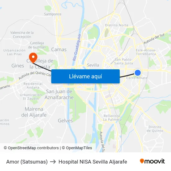 Amor (Satsumas) to Hospital NISA Sevilla Aljarafe map