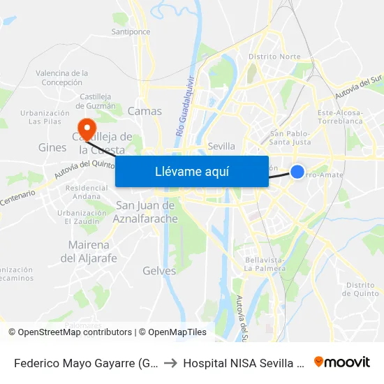 Federico Mayo Gayarre (Gibraltar) to Hospital NISA Sevilla Aljarafe map
