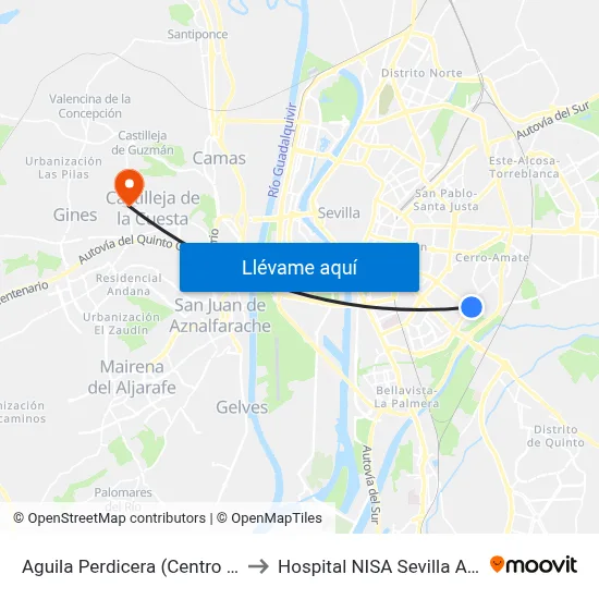 Aguila Perdicera (Centro Salud) to Hospital NISA Sevilla Aljarafe map