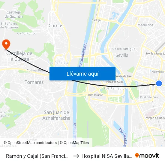 Ramón y Cajal (San Francisco Javier) to Hospital NISA Sevilla Aljarafe map