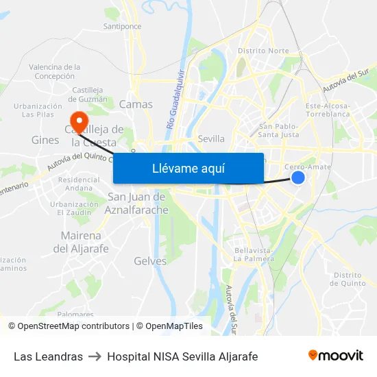 Las Leandras to Hospital NISA Sevilla Aljarafe map