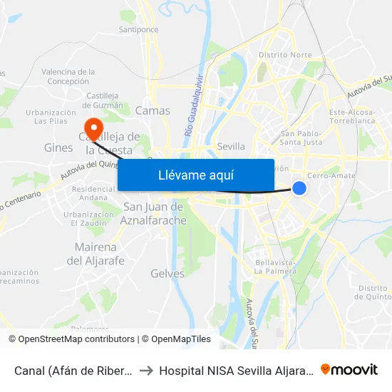 Canal (Afán de Ribera) to Hospital NISA Sevilla Aljarafe map
