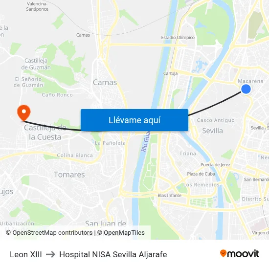 Leon XIII to Hospital NISA Sevilla Aljarafe map