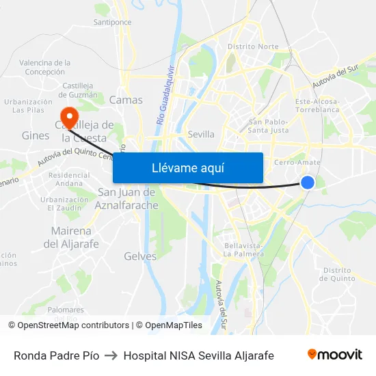 Ronda Padre Pío to Hospital NISA Sevilla Aljarafe map