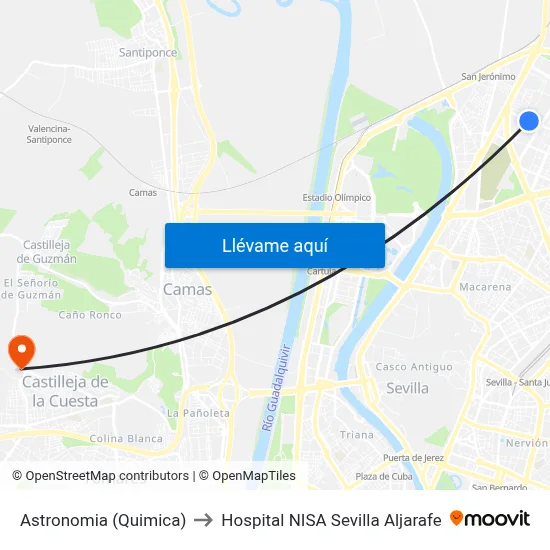 Astronomia (Quimica) to Hospital NISA Sevilla Aljarafe map
