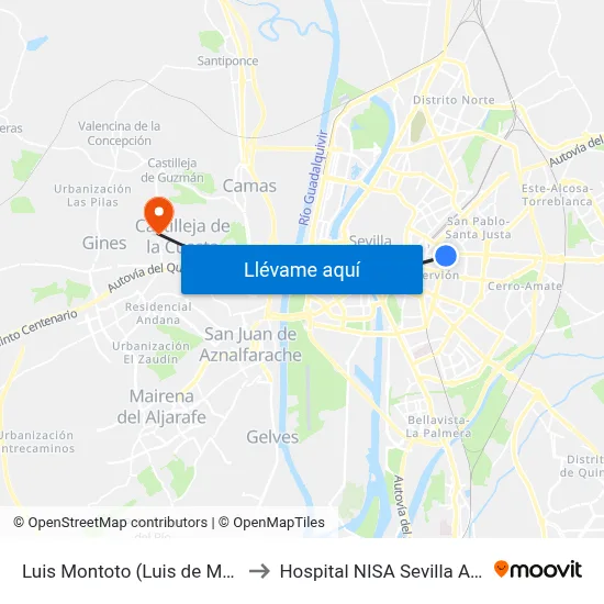 Luis Montoto (Luis de Morales) to Hospital NISA Sevilla Aljarafe map