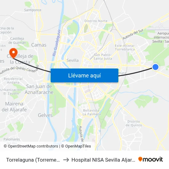 Torrelaguna (Torremejia) to Hospital NISA Sevilla Aljarafe map