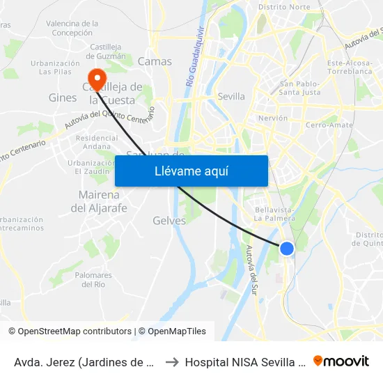 Avda. Jerez (Jardines de Hércules) to Hospital NISA Sevilla Aljarafe map