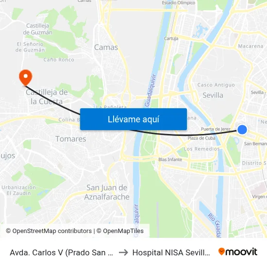 Avda. Carlos V (Prado San Sebastián) to Hospital NISA Sevilla Aljarafe map