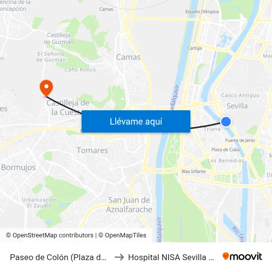 Paseo de Colón (Plaza de Toros) to Hospital NISA Sevilla Aljarafe map