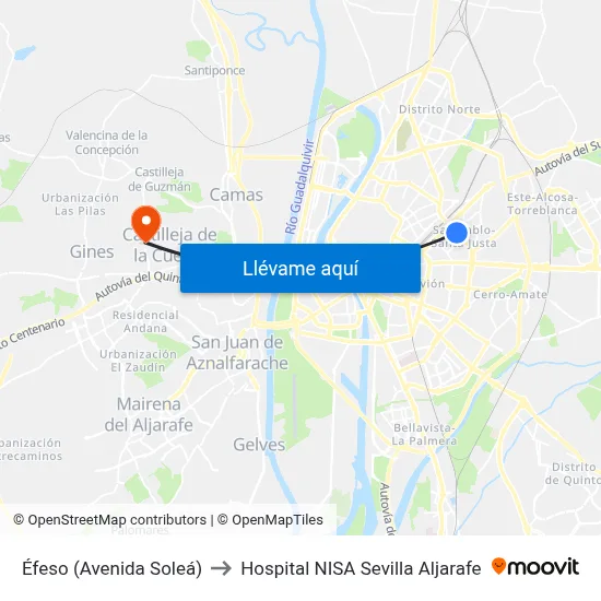 Éfeso (Avenida Soleá) to Hospital NISA Sevilla Aljarafe map