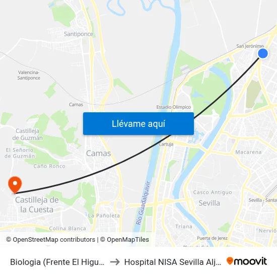 Biologia (Frente El Higueron) to Hospital NISA Sevilla Aljarafe map