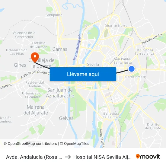 Avda. Andalucía (Rosaleda) to Hospital NISA Sevilla Aljarafe map