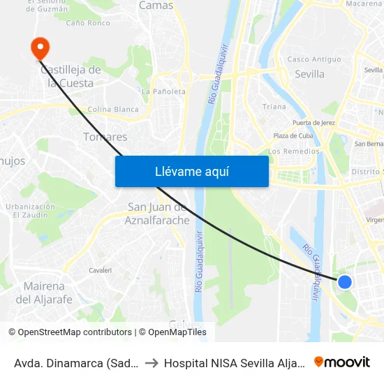 Avda. Dinamarca (Sadus) to Hospital NISA Sevilla Aljarafe map