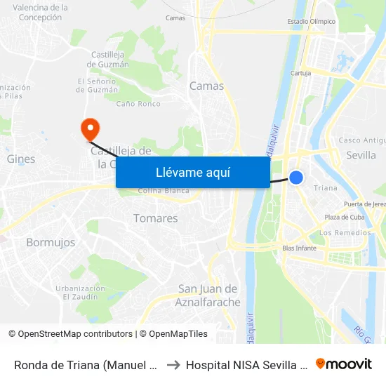 Ronda de Triana (Manuel Arellano) to Hospital NISA Sevilla Aljarafe map