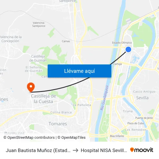 Juan Bautista Muñoz (Estadio Olimpico) to Hospital NISA Sevilla Aljarafe map