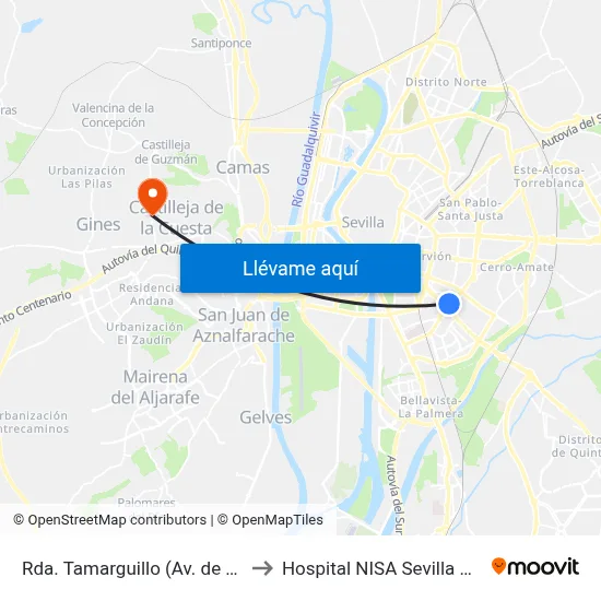 Rda. Tamarguillo (Av. de La Paz) to Hospital NISA Sevilla Aljarafe map