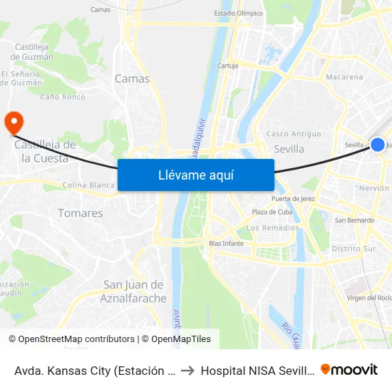 Avda. Kansas City (Estación Santa Justa) to Hospital NISA Sevilla Aljarafe map
