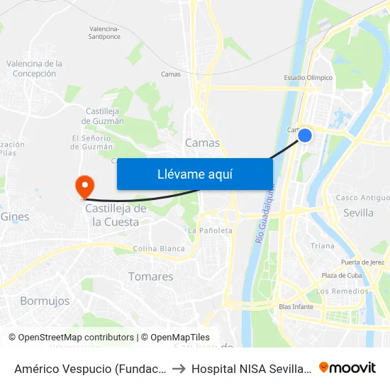 Américo Vespucio (Fundacion Once) to Hospital NISA Sevilla Aljarafe map