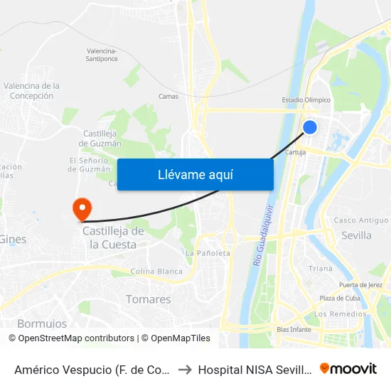 Américo Vespucio (F. de Comunicación) to Hospital NISA Sevilla Aljarafe map